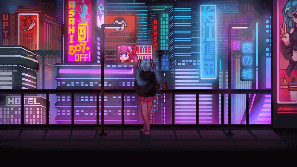 Pixel-art cyber city scene representing Lumen's neon vaporwave aesthetic