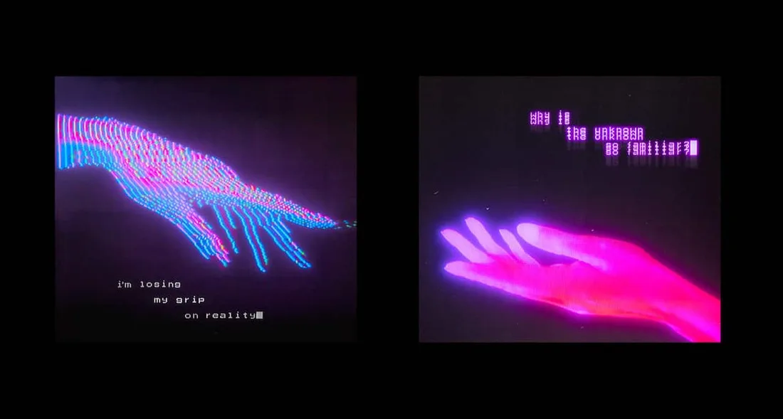 Two glowing vaporwave hand illustrations with neon text