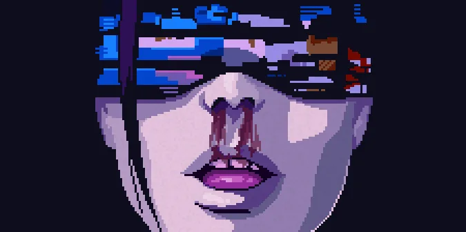 Neon visor close-up in a pixel-art style