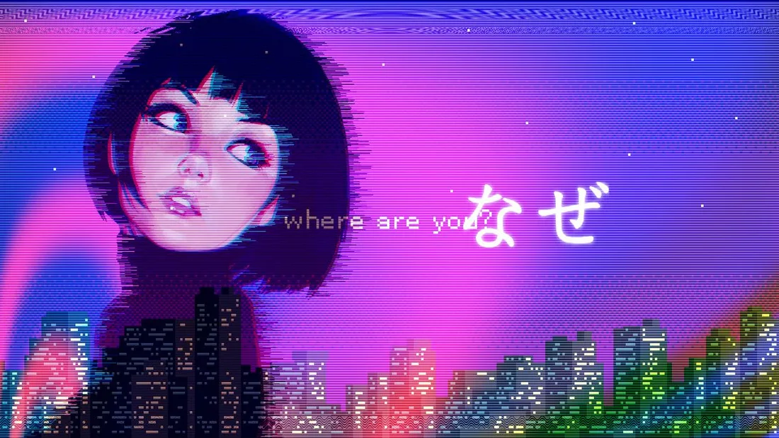 Vaporwave anime portrait with neon skyline and retro scanline styling